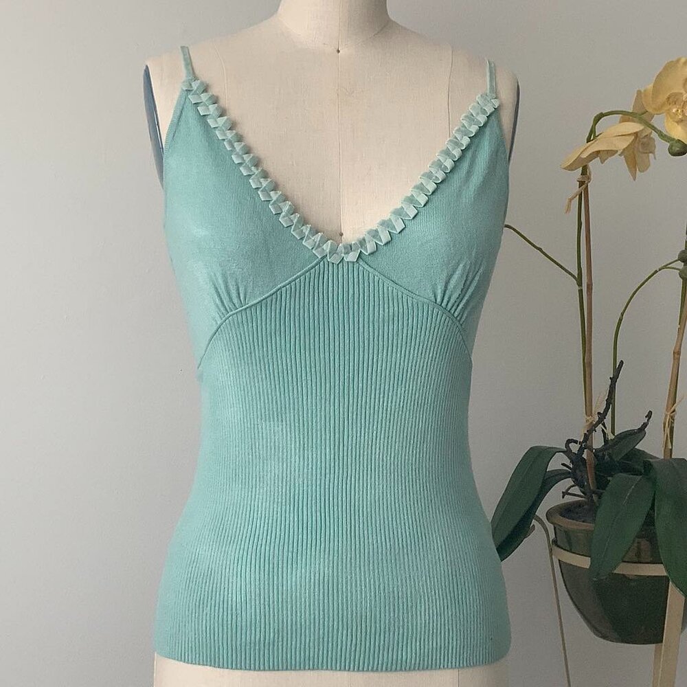 OUI MOMENTS Size 6 Acqua Blue Knitted Viscose Blend Spaghetti Strap Tank Top